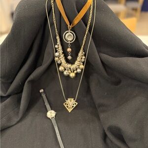 Gold and Silver Layered Necklace Set with elegant watch